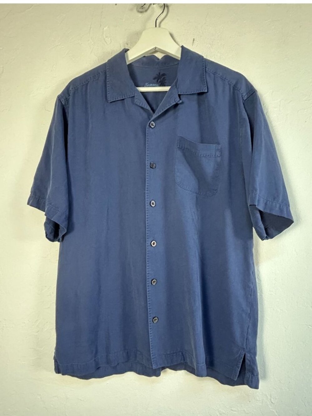 Tommy Bahama Mens Blue Short Sleeve Silk Button-Up Camp Shirt Size Medium Pocket